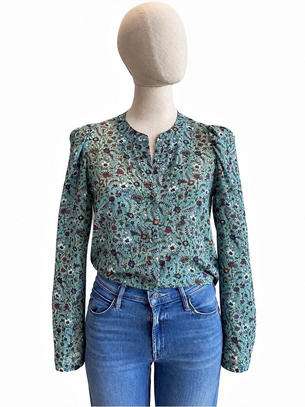 JOIE Floral Print Cotton Blouse – Statement Puff Shoulders – Size S